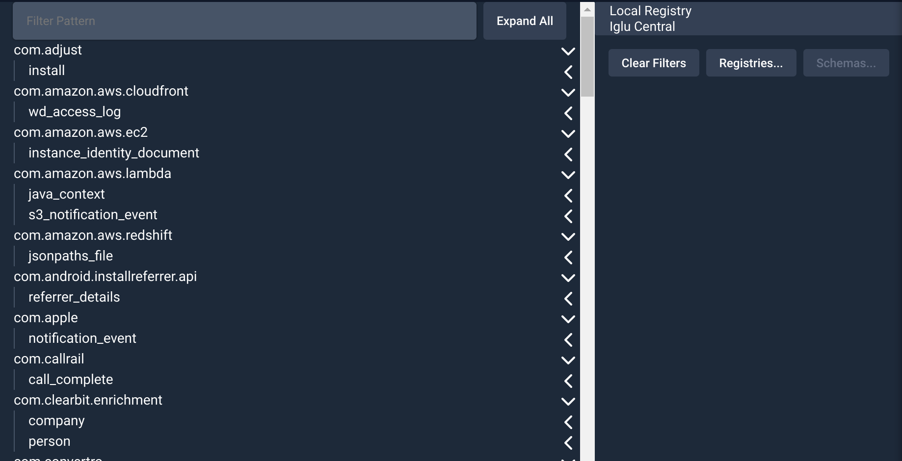 The Snowplow Inspector extension&#39;s Manage Schemas view is shown. Two Iglu registries are listed on the right with buttons for management. The main display has a searchable directory of schemas, grouped by vendor, name, format, and version.